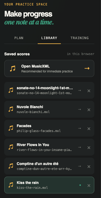 Your PianoBrain library — the MusicXML scores you have imported, saved in your browser