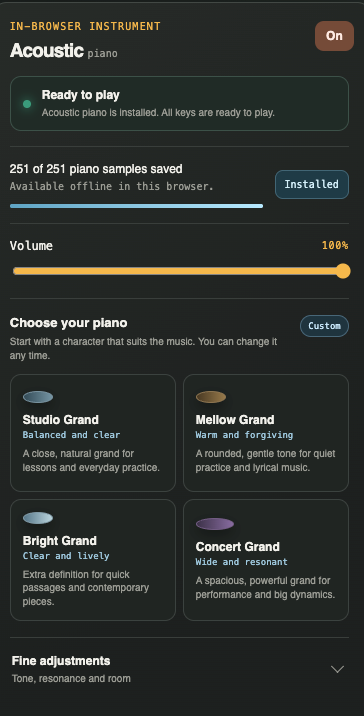 PianoBrain's built-in acoustic piano — choose a tone: Studio, Mellow, Bright or Concert grand