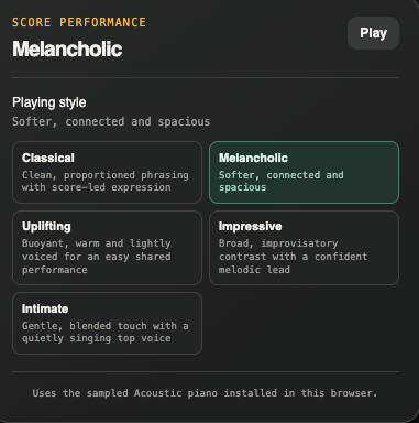 Choosing a playing style — Classical, Melancholic, Uplifting, Impressive or Intimate