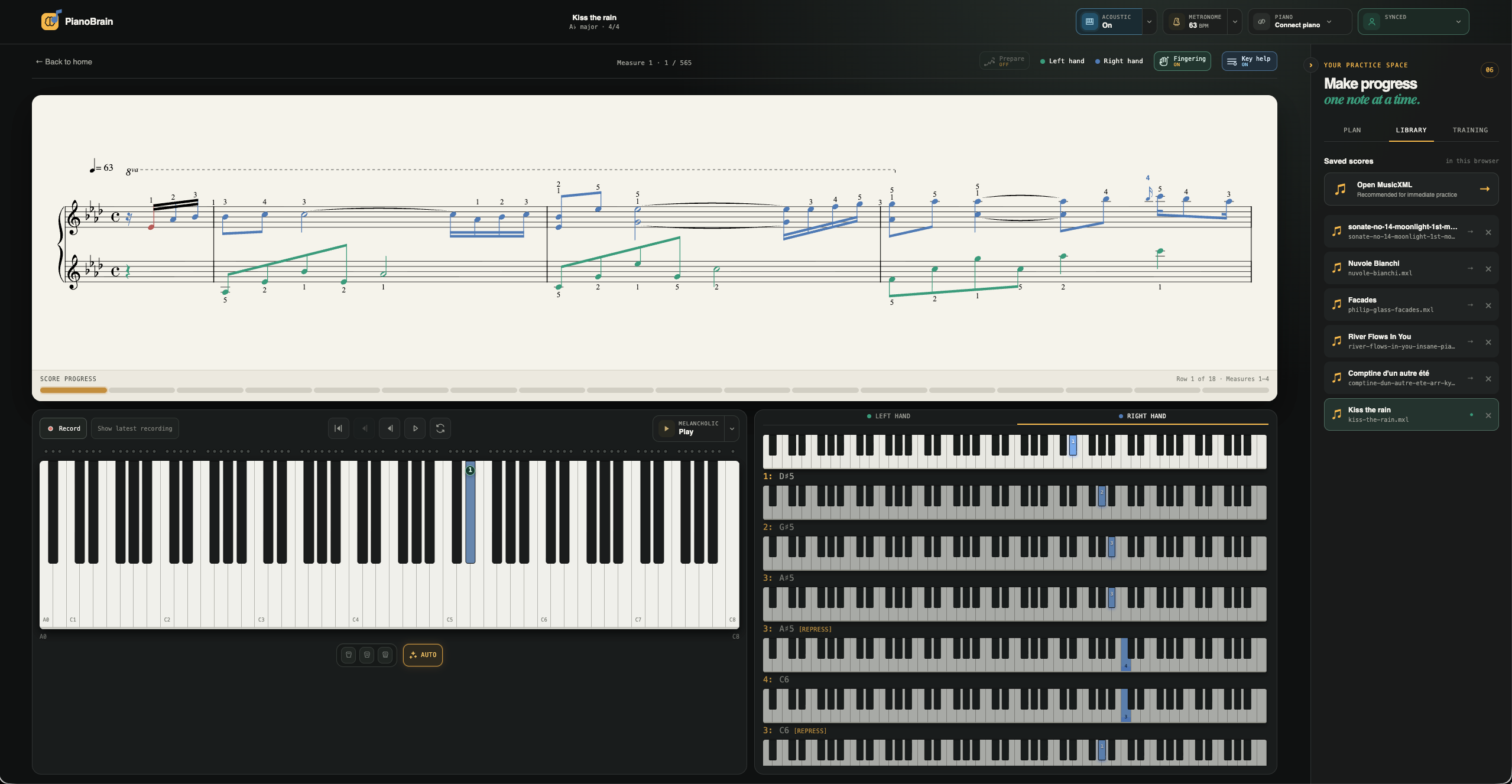 PianoBrain practice view — the score, your position, and the keyboard