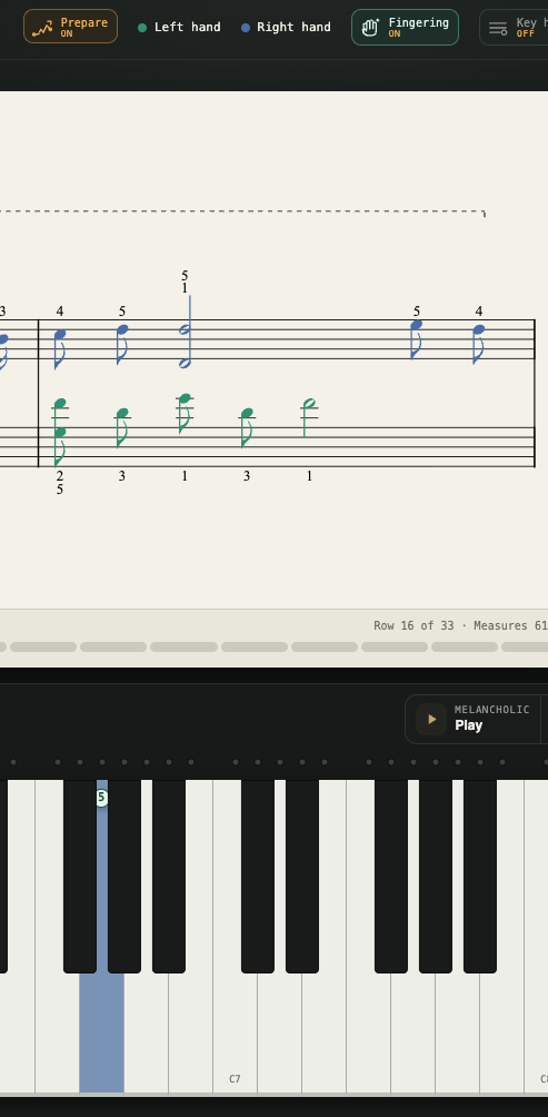 Prepare mode — a generated exercise from your piece, shown on the score with the keyboard below